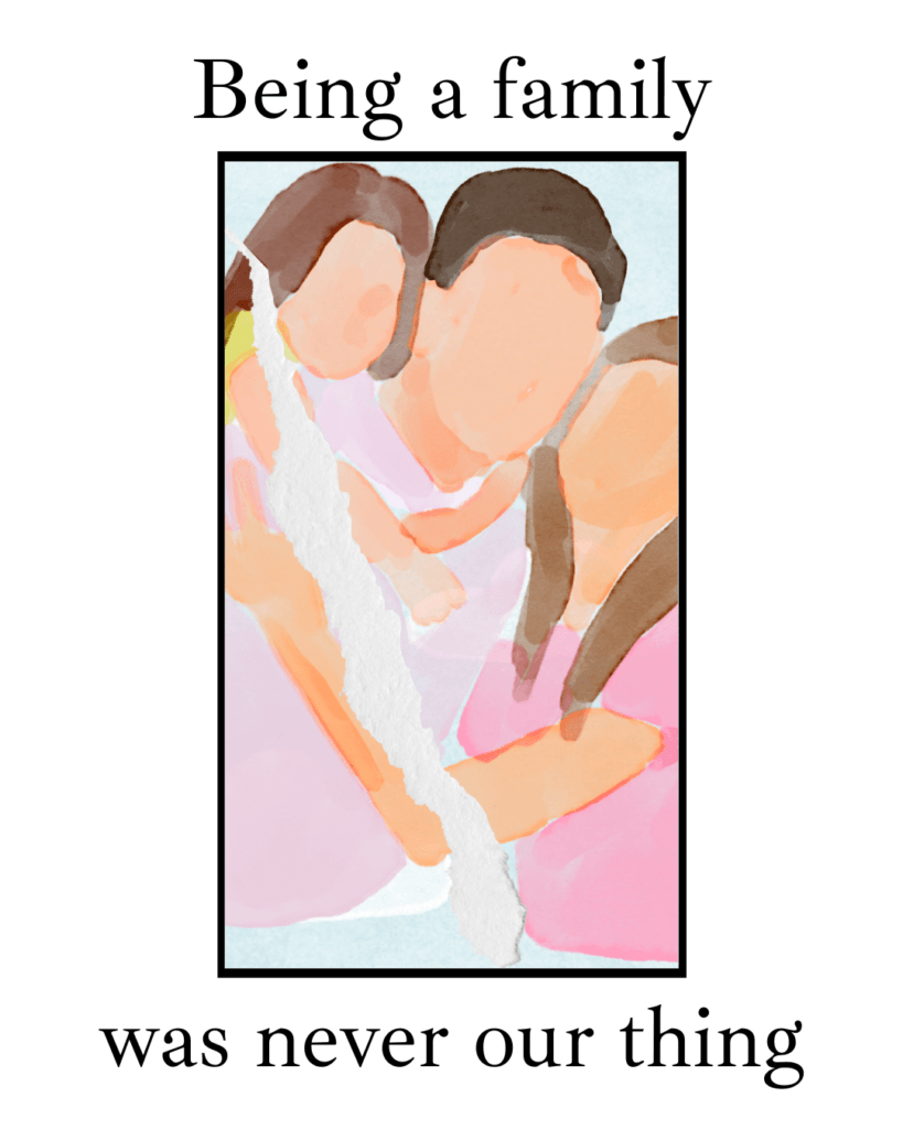 Broken picture frame of mom, dad and child